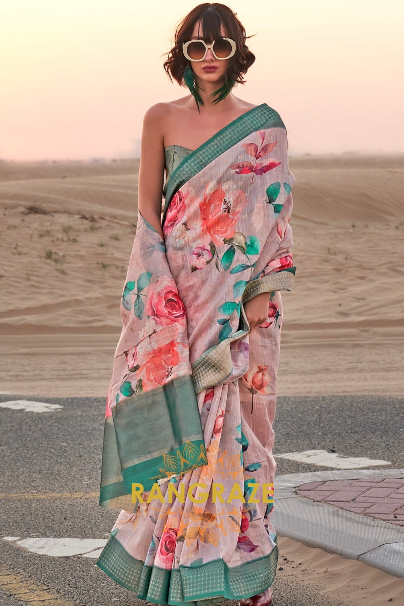 Parchment White Woven Linen Saree with Zari Border