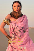 Blush Pink White Woven Linen Saree with Zari Border