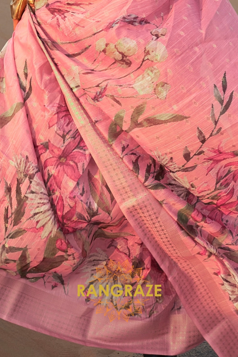 Blush Pink White Woven Linen Saree with Zari Border