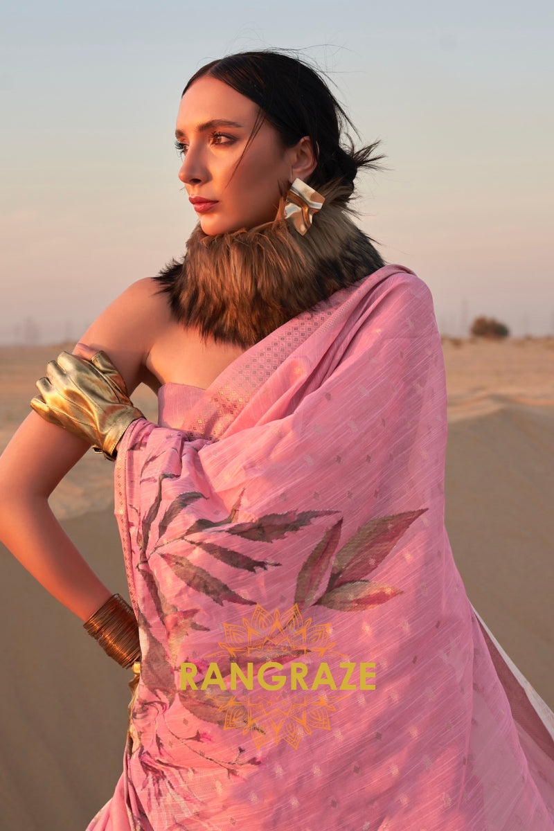 Blush Pink White Woven Linen Saree with Zari Border