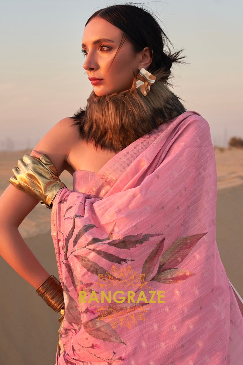 Blush Pink White Woven Linen Saree with Zari Border