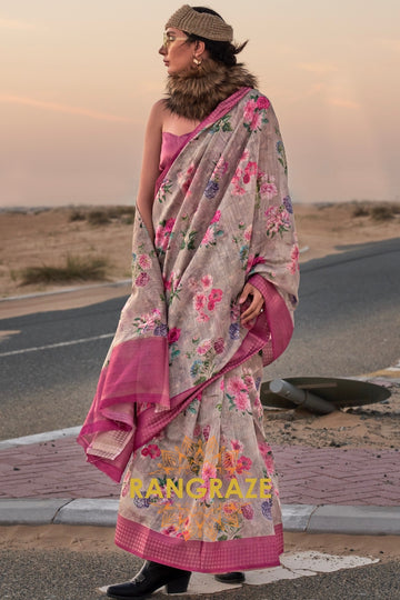 Light Grey and Pink Woven Linen Saree with Zari Border