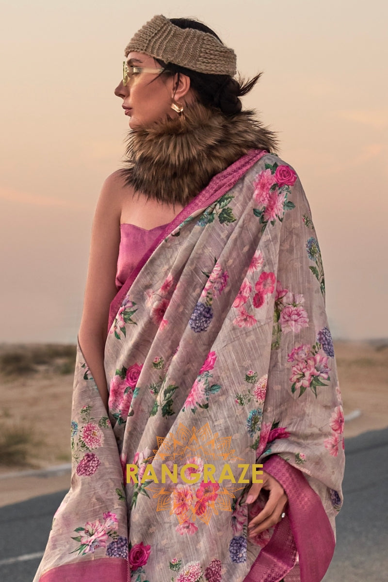 Light Grey and Pink Woven Linen Saree with Zari Border