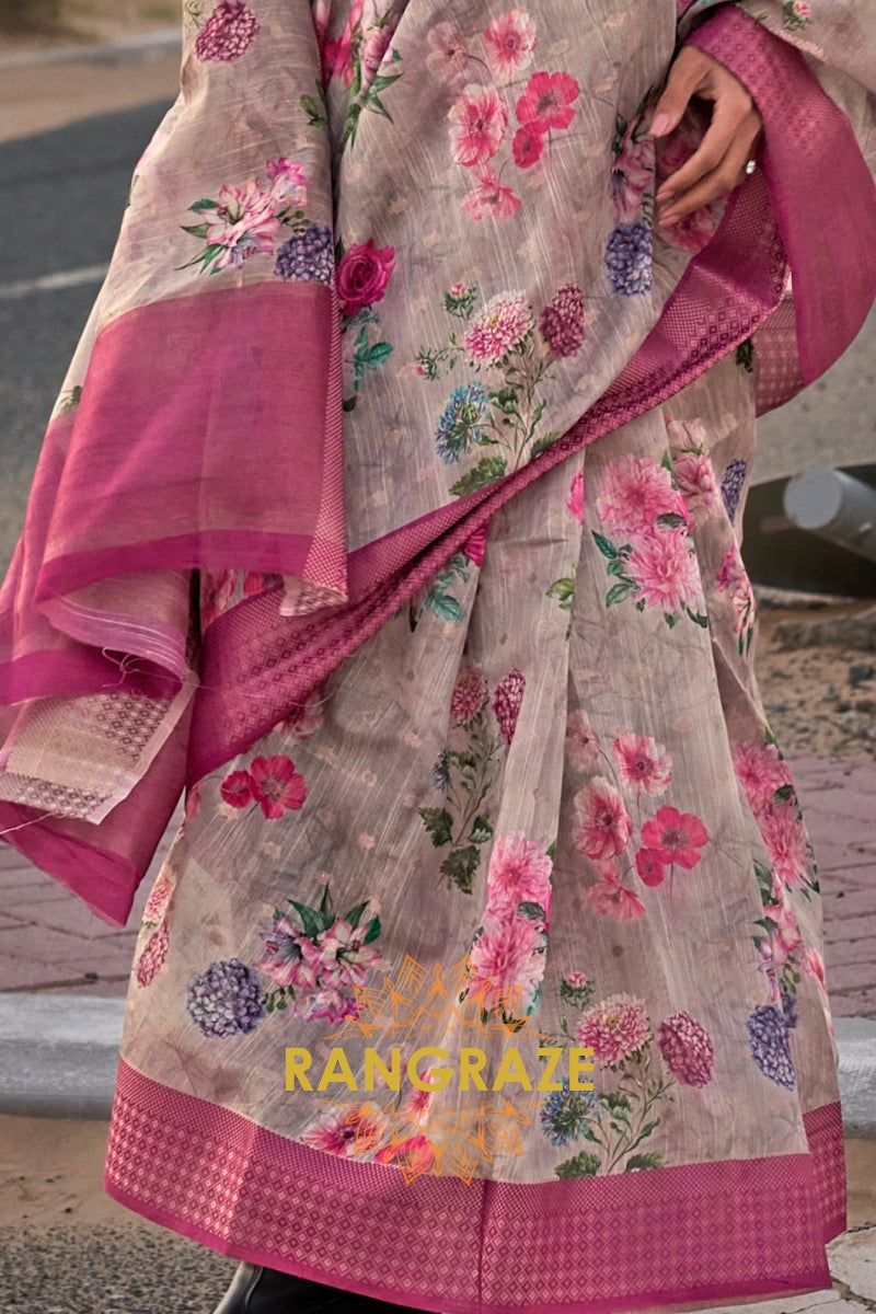 Light Grey and Pink Woven Linen Saree with Zari Border