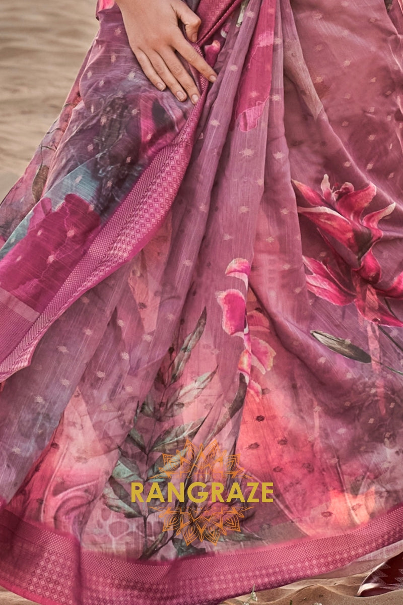 Mauve Pink Woven Linen Saree with Zari Border