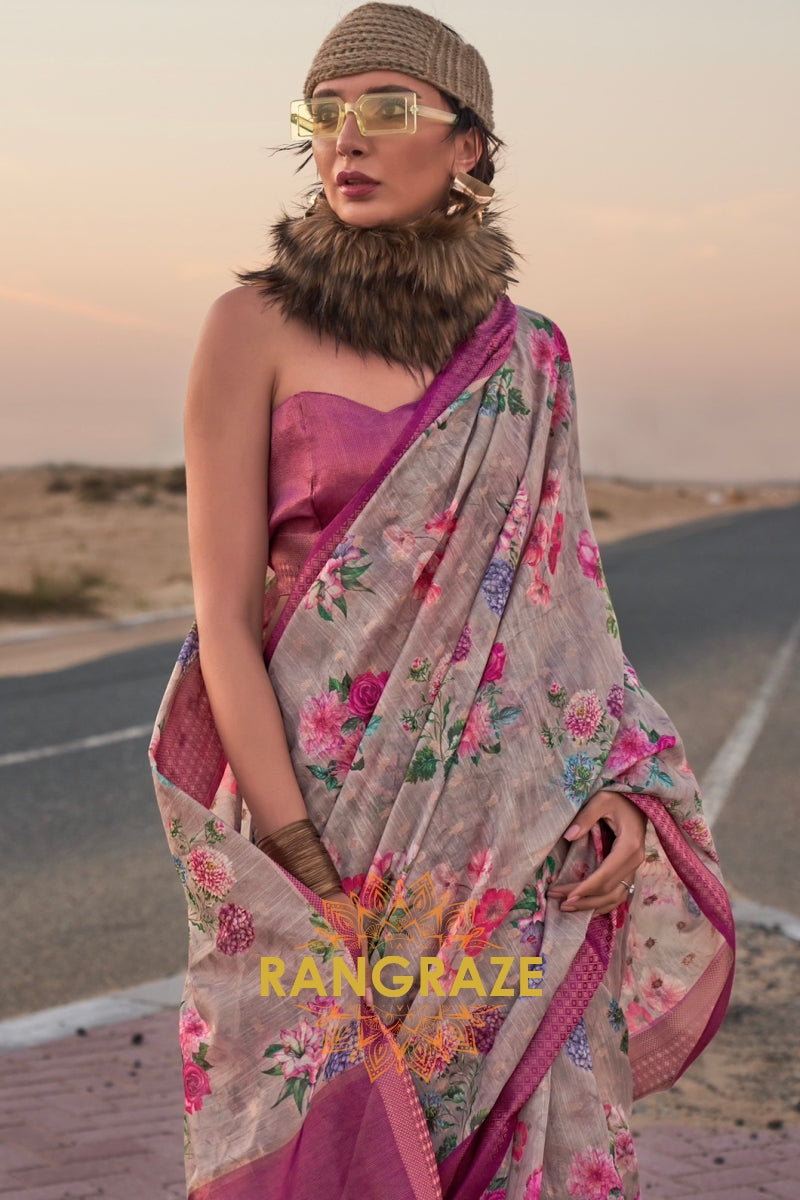 Light Grey and Pink Woven Linen Saree with Zari Border