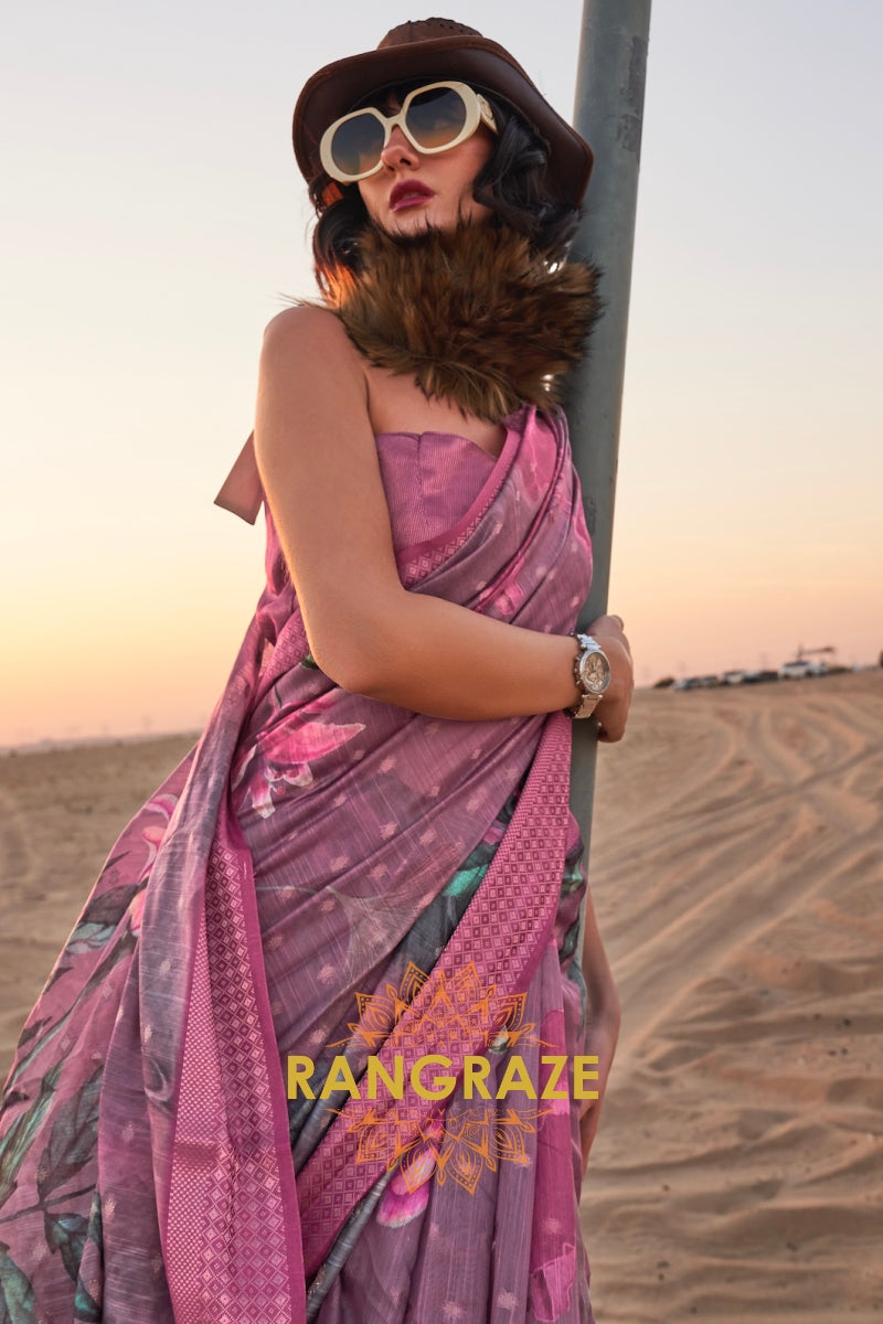 Mauve Pink Woven Linen Saree with Zari Border