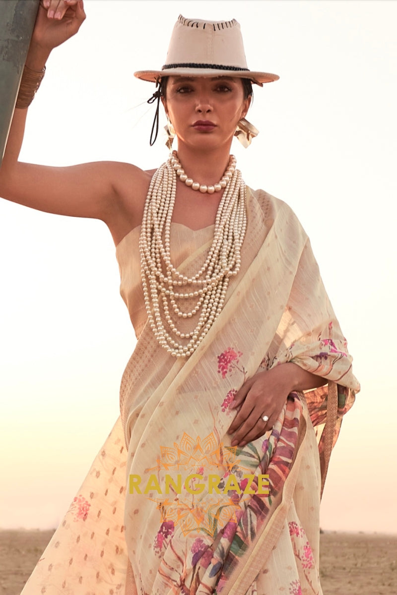 Ivory White Woven Linen Saree with Zari Border
