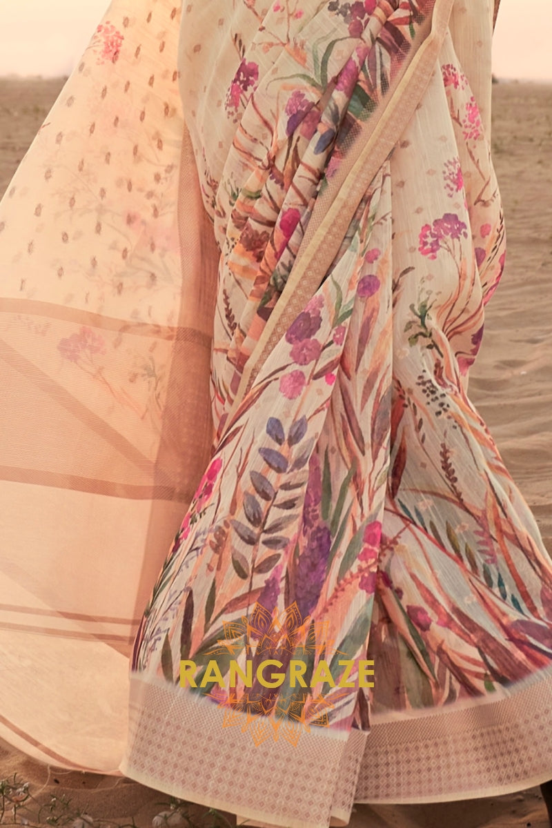 Ivory White Woven Linen Saree with Zari Border