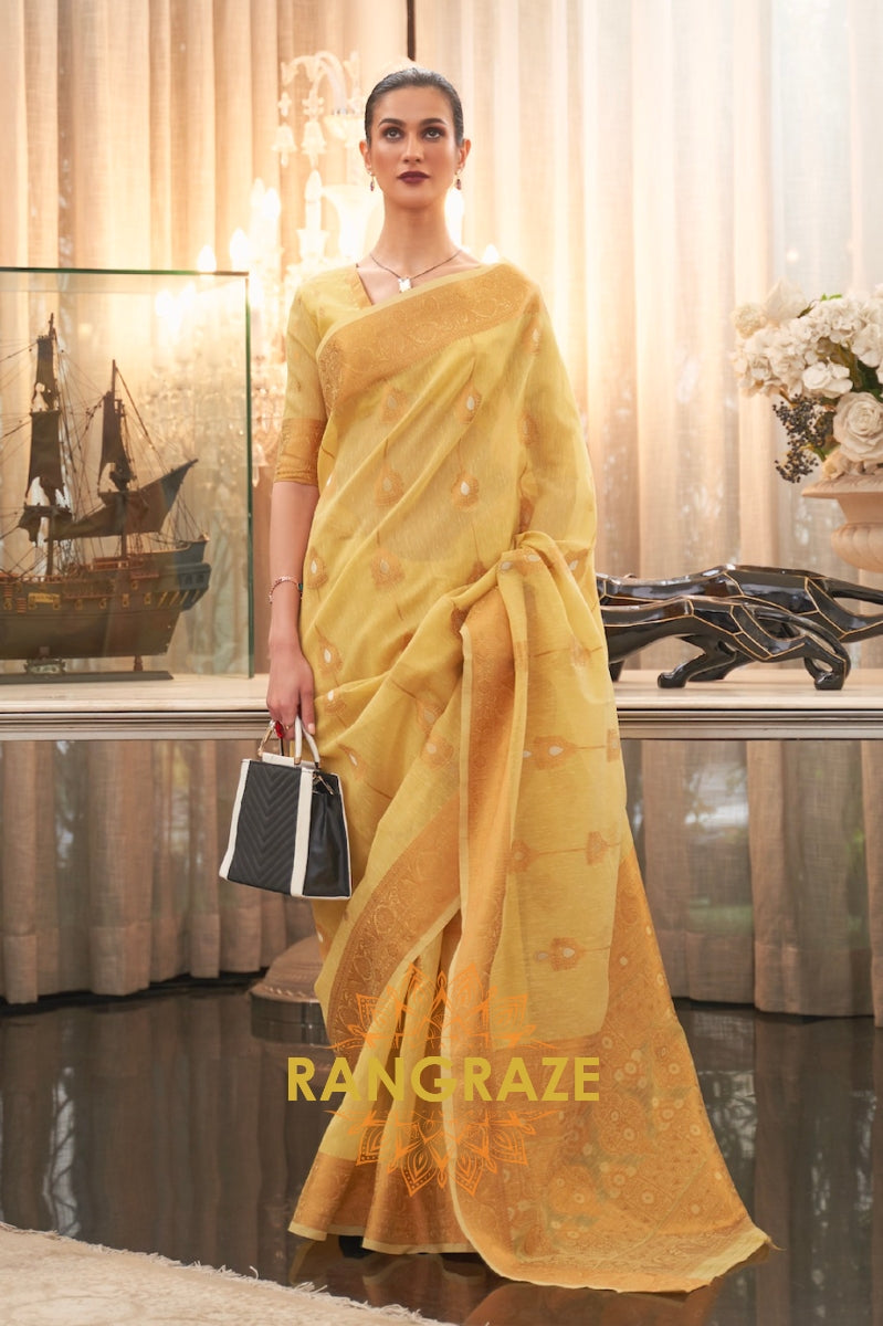 Radiant Yellow Woven Linen Silk Saree