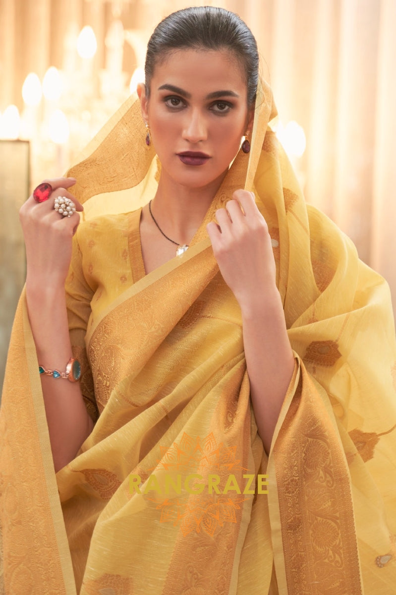 Radiant Yellow Woven Linen Silk Saree