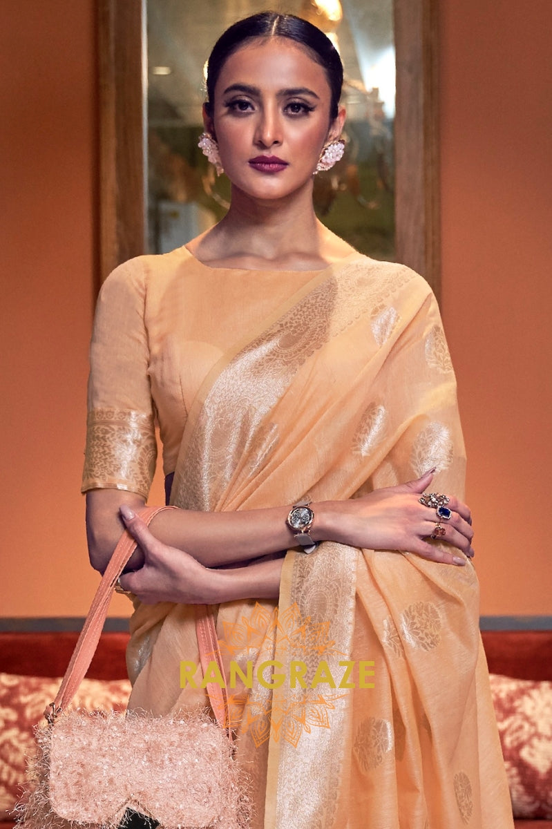 Mustard Yellow Pure Linen Woven Zari Saree