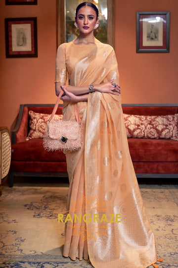 Mustard Yellow Pure Linen Woven Zari Saree