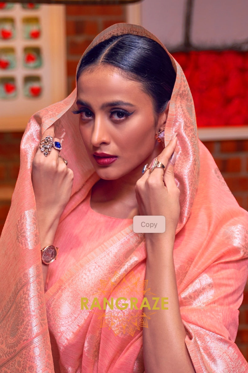 Pink Paradise Pure Linen Woven Zari Saree