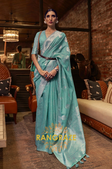 Azure Blue Pure Linen Woven Zari Saree