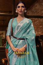 Azure Blue Pure Linen Woven Zari Saree