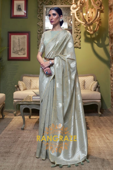 Olive Green Pure Linen Woven Zari Saree