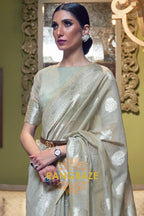 Olive Green Pure Linen Woven Zari Saree