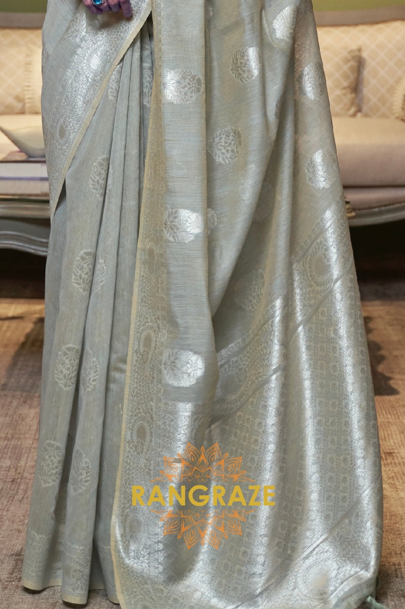 Olive Green Pure Linen Woven Zari Saree