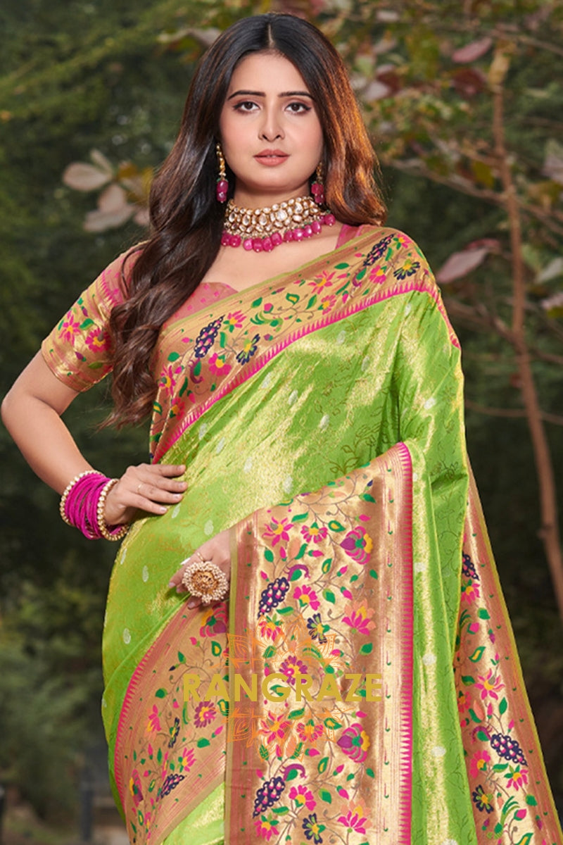 Royal Parrot Green Woven Golden Zari Work Paithani Silk Saree