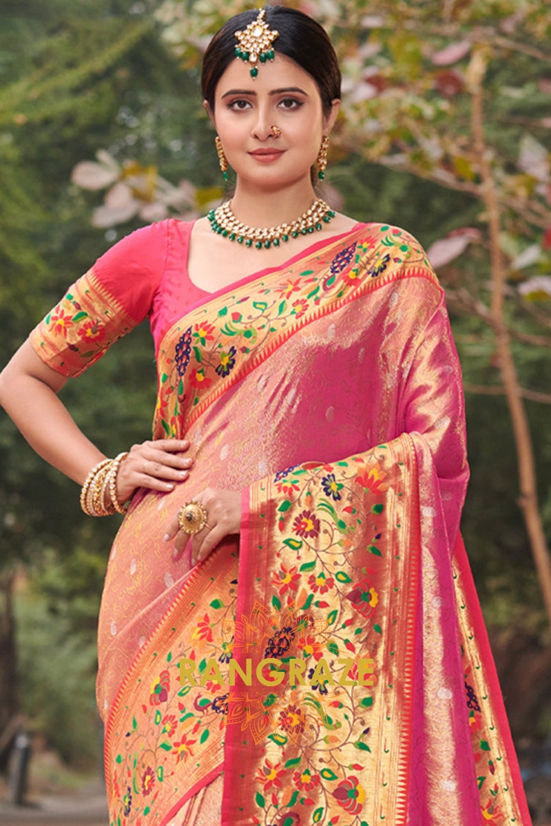 Royal Pink Woven Golden Zari Work Paithani Silk Saree