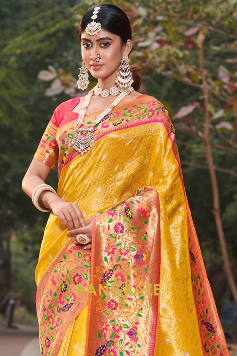 Royal Yellow Woven Golden Zari Work Paithani Silk Saree