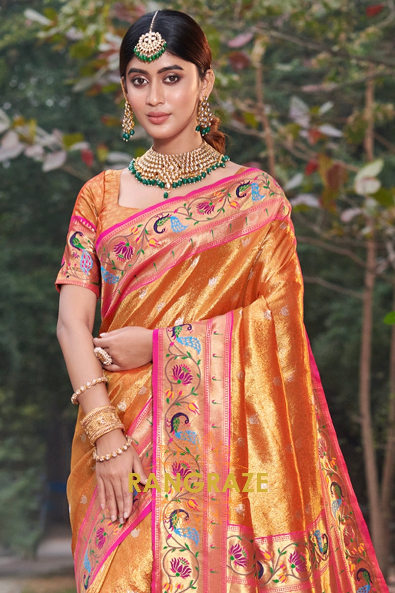Imperial Golden Orange Woven Zari Work Paithani Silk Saree