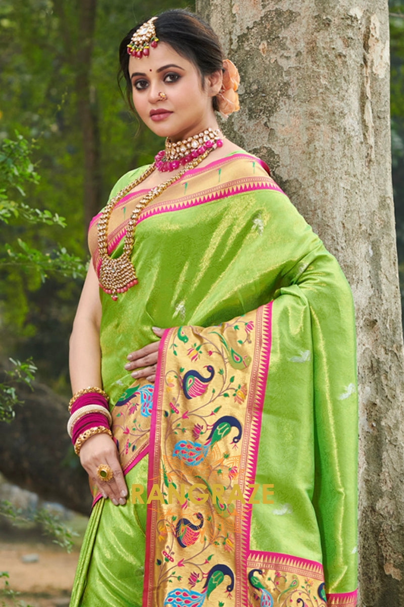 Imperial Parrot Green Golden Zari Work Paithani Silk Saree