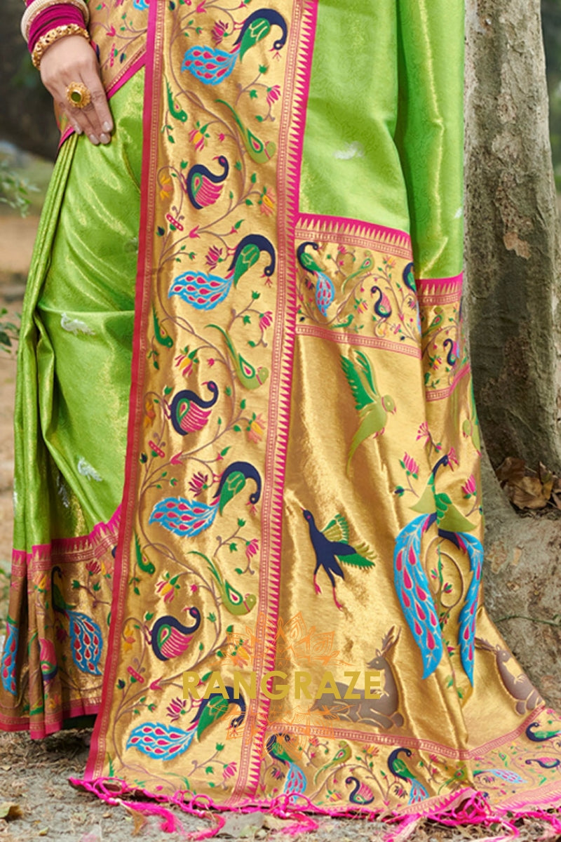 Imperial Parrot Green Golden Zari Work Paithani Silk Saree