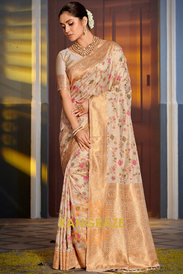 Enchanting Golden Beige Festive Banarasi Silk Saree With Heavy Zari Work