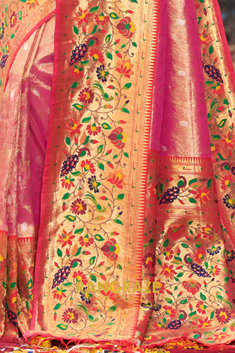 Royal Pink Woven Golden Zari Work Paithani Silk Saree