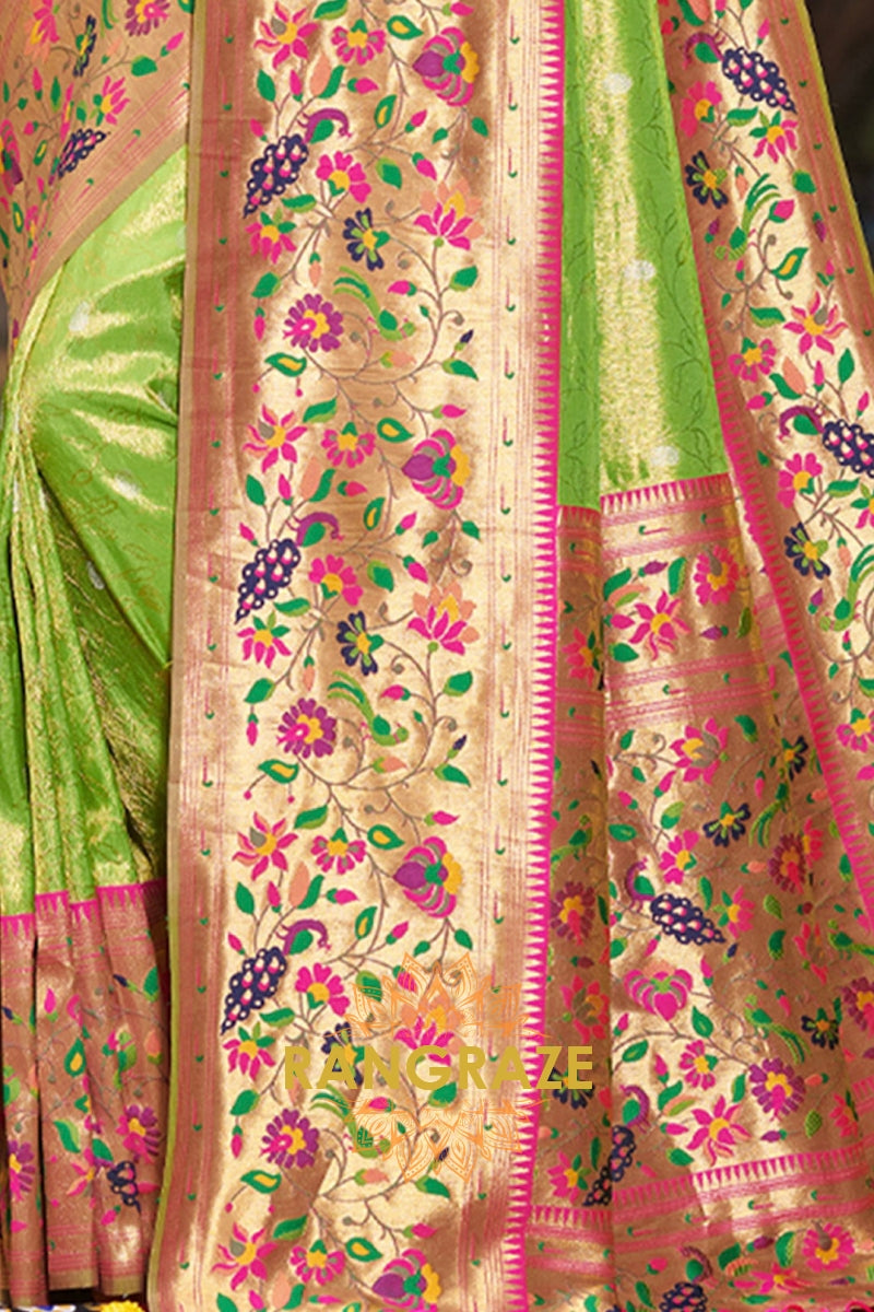 Royal Parrot Green Woven Golden Zari Work Paithani Silk Saree
