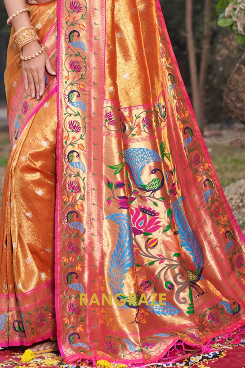 Imperial Golden Orange Woven Zari Work Paithani Silk Saree
