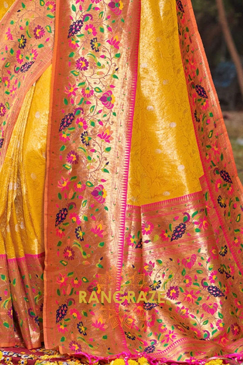 Royal Yellow Woven Golden Zari Work Paithani Silk Saree