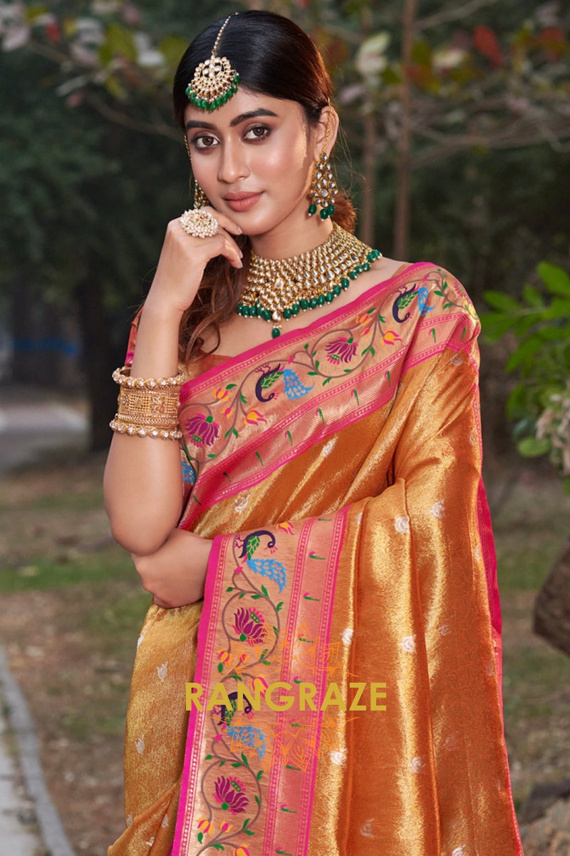 Imperial Golden Orange Woven Zari Work Paithani Silk Saree