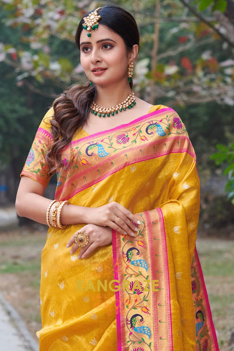 Imperial Golden Yellow Woven Zari Work Paithani Silk Saree