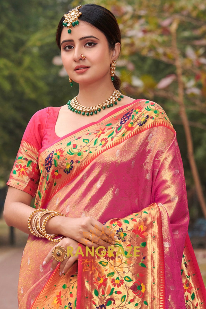 Royal Pink Woven Golden Zari Work Paithani Silk Saree