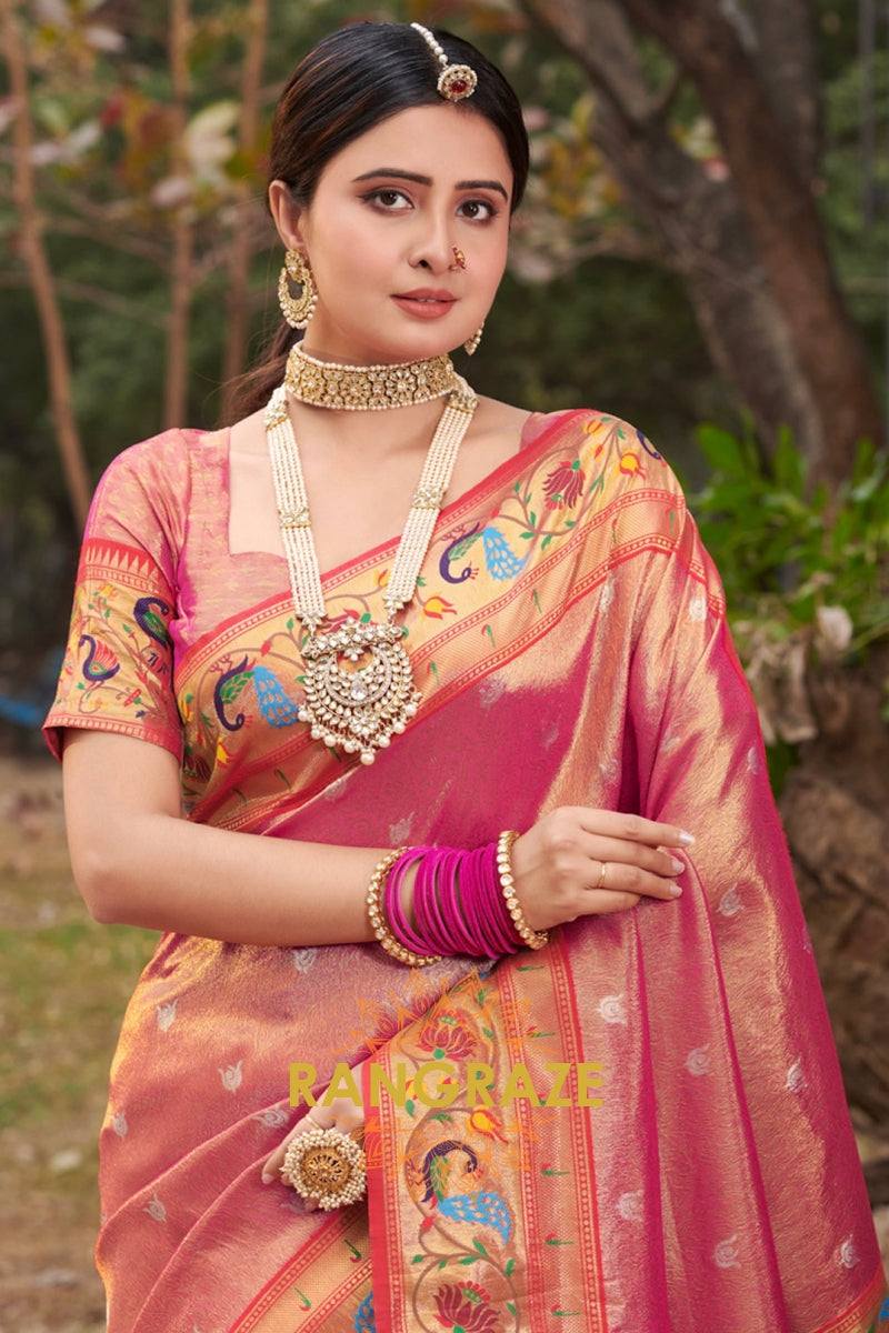 Golden Pink Woven Zari Work Paithani Silk Saree