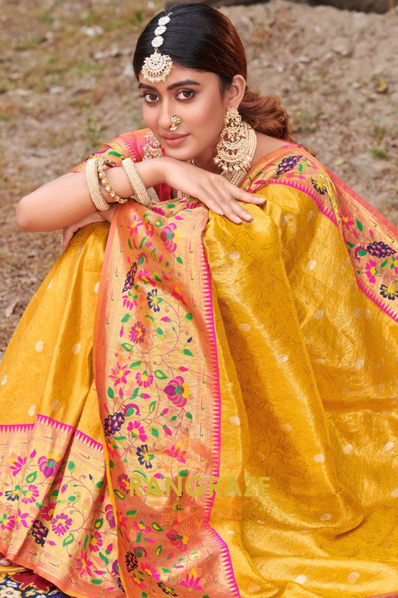 Royal Yellow Woven Golden Zari Work Paithani Silk Saree