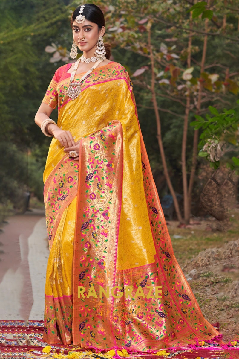 Royal Yellow Woven Golden Zari Work Paithani Silk Saree