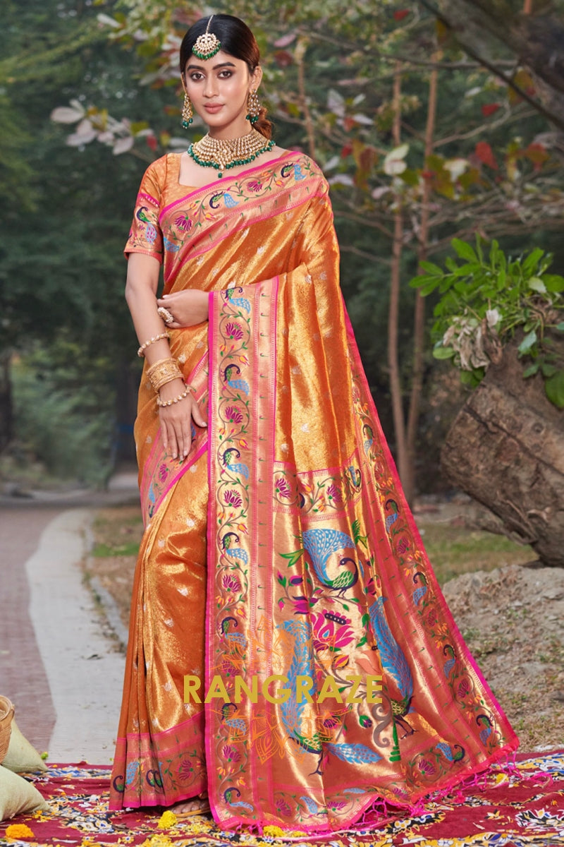 Imperial Golden Orange Woven Zari Work Paithani Silk Saree