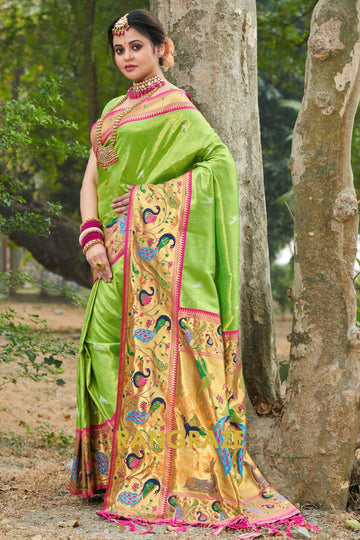 Imperial Parrot Green Golden Zari Work Paithani Silk Saree