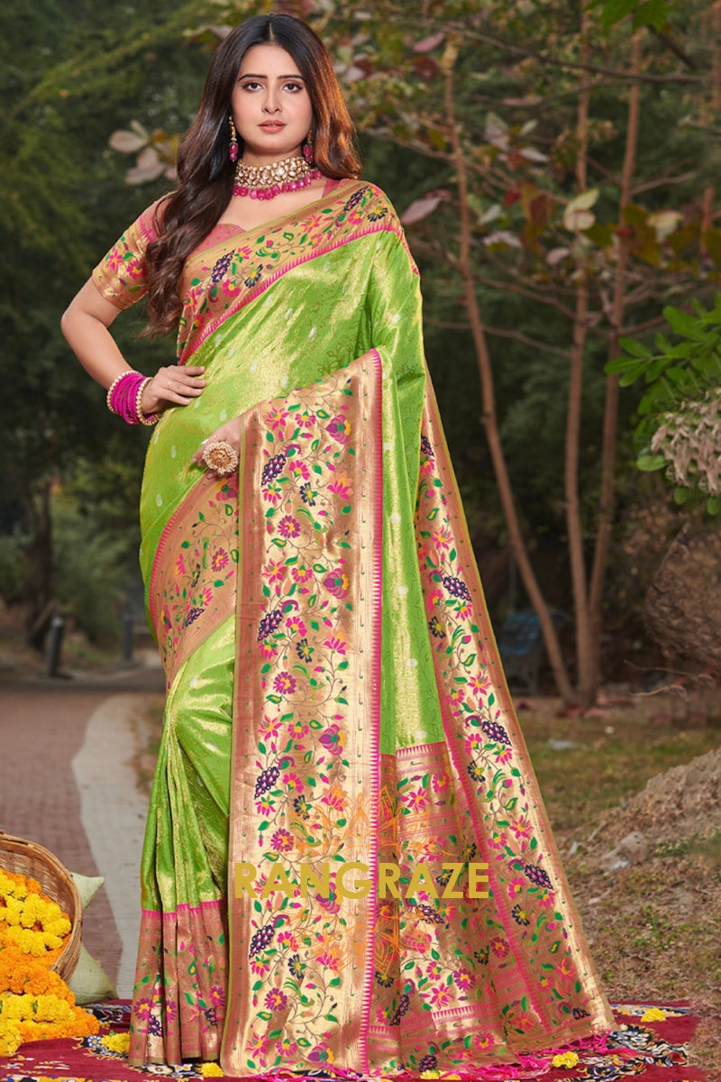 Royal Parrot Green Woven Golden Zari Work Paithani Silk Saree