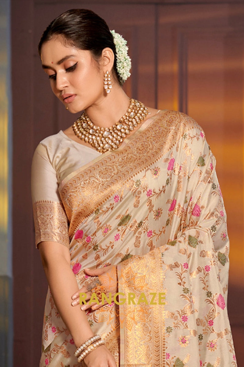 Enchanting Golden Beige Festive Banarasi Silk Saree With Heavy Zari Work