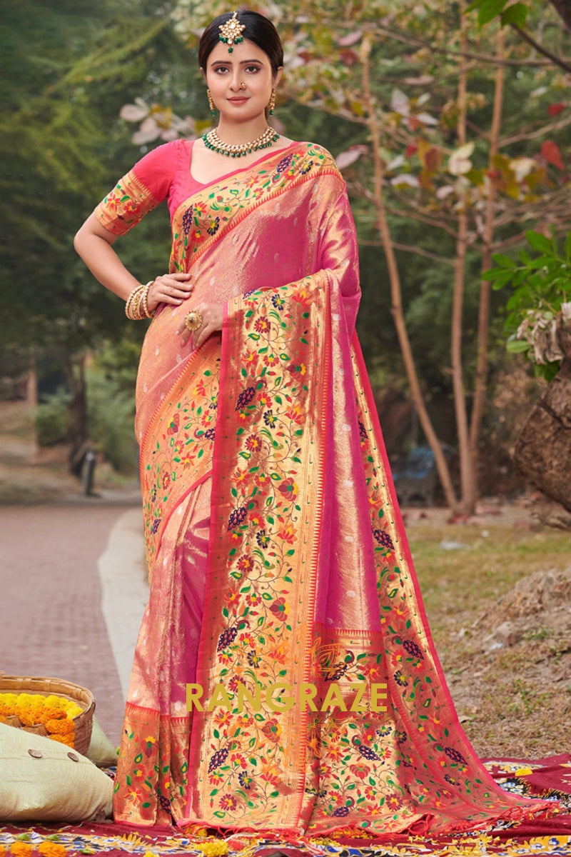 Royal Pink Woven Golden Zari Work Paithani Silk Saree