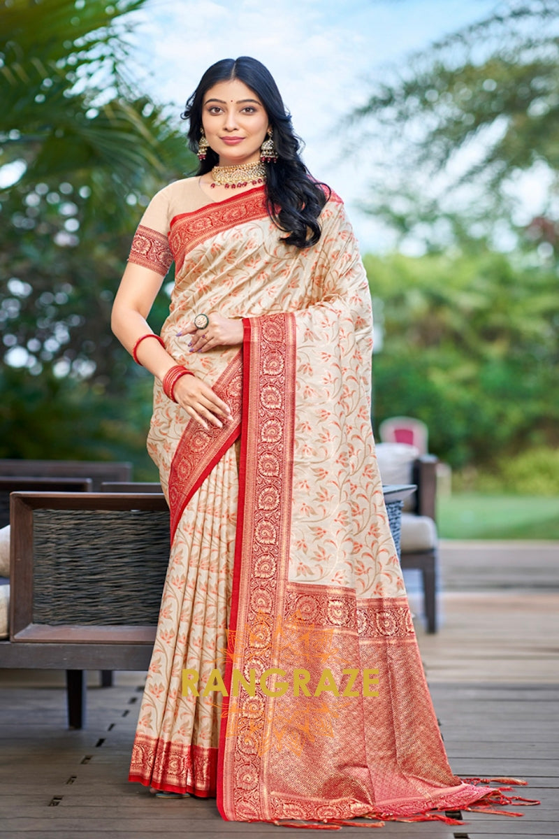 Beige Red Banarasi Silk Saree With Contrast Pallu