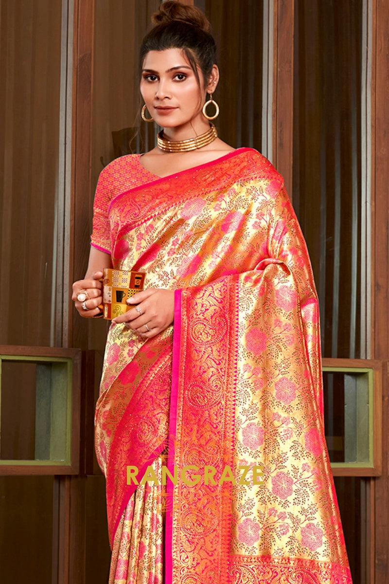 Pink Golden Heavy Golden Zari Work Banarasi Silk Saree