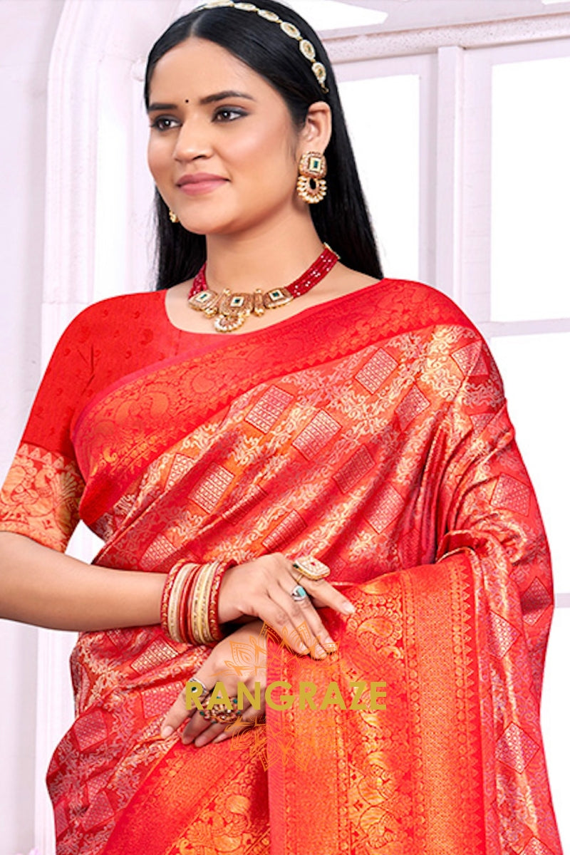 Exquisite Red Banarasi Silk Saree With Woven Zari Work