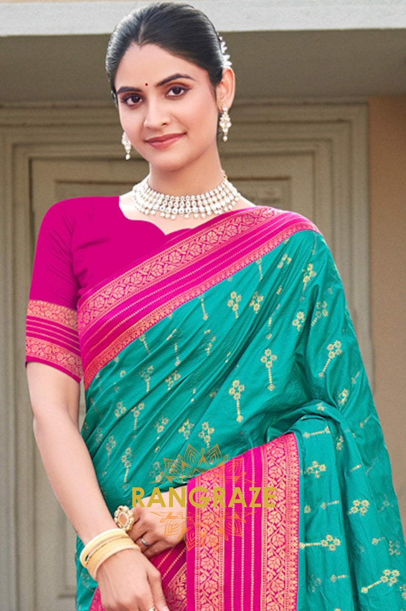 Opulent Teal Green Banarasi Silk Saree With Pallu Matching Blouse