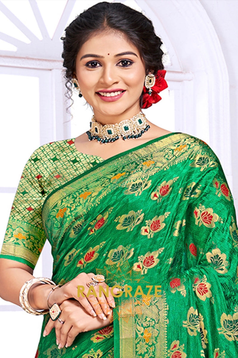 Splendid Light Green Banarasi Silk Saree With Golden Zari Buta Work